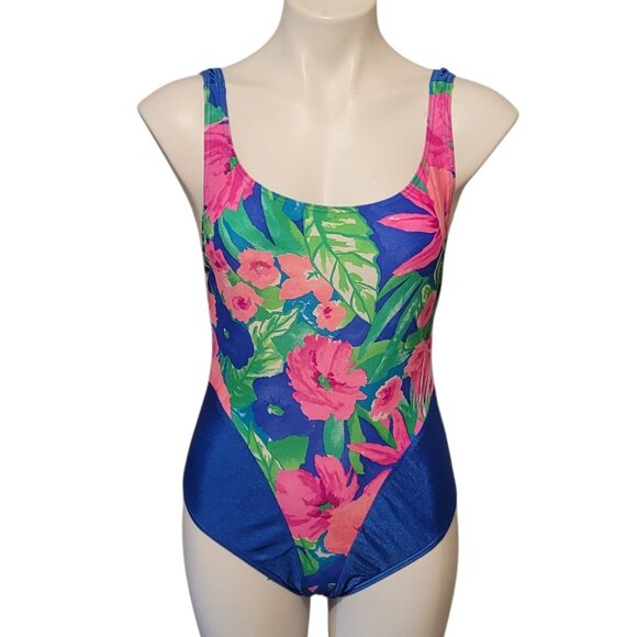 Vintage Seal Beach Unique Design Swimsuit Fits Medium Blue Tropical One Piece - Picture 5 of 7